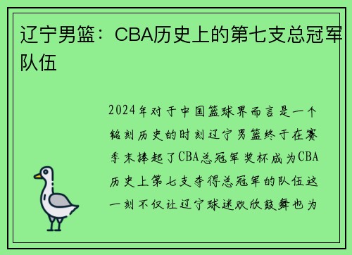 辽宁男篮：CBA历史上的第七支总冠军队伍