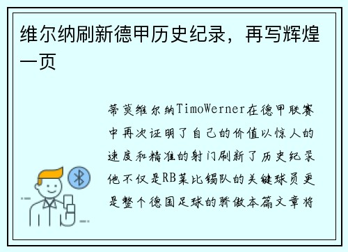 维尔纳刷新德甲历史纪录，再写辉煌一页